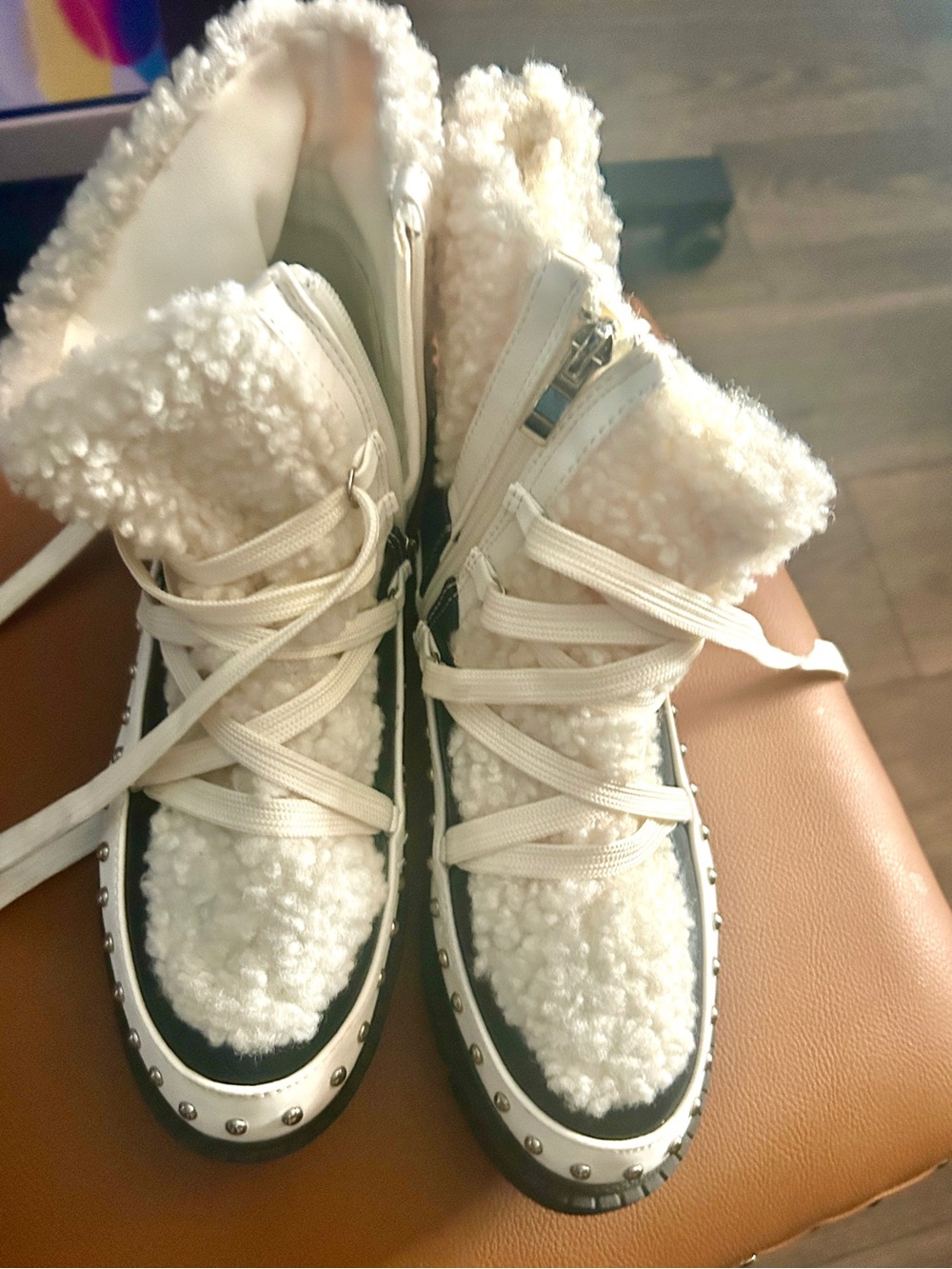 Women's Cream Sherpa Lace-Up Ankle Booties